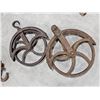 Image 2 : Antique Cast Iron Barn Pulleys & Wooden Block Pulley Lot
