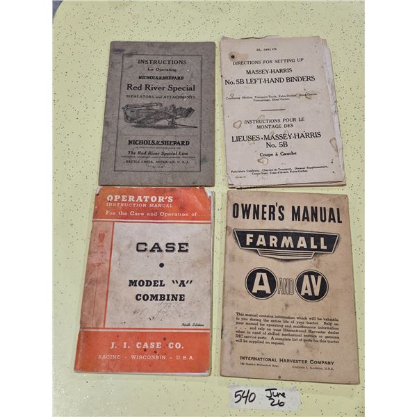 (4) Vintage Farm Equipment Manuals, inc. J.I. Case, Massey Harris etc.