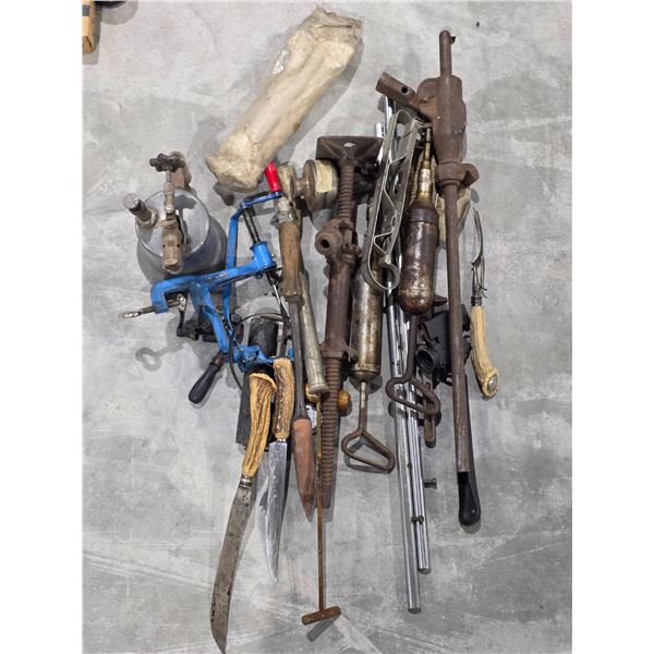 Antique Tool & Kitchen Lot – Vintage “Triumph” Apple Peeler, Knives, Blow