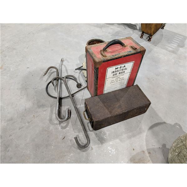 Vintage metal hooks, MSA Gas Mask Box (Was Unable to open) and etc. Items)