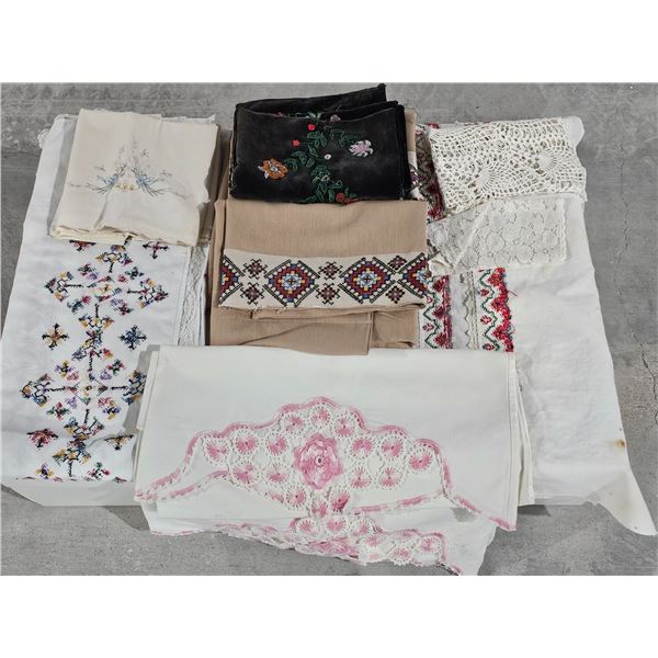 Lot of Embroidered Linens – Doilies, Pillowcases, etc.