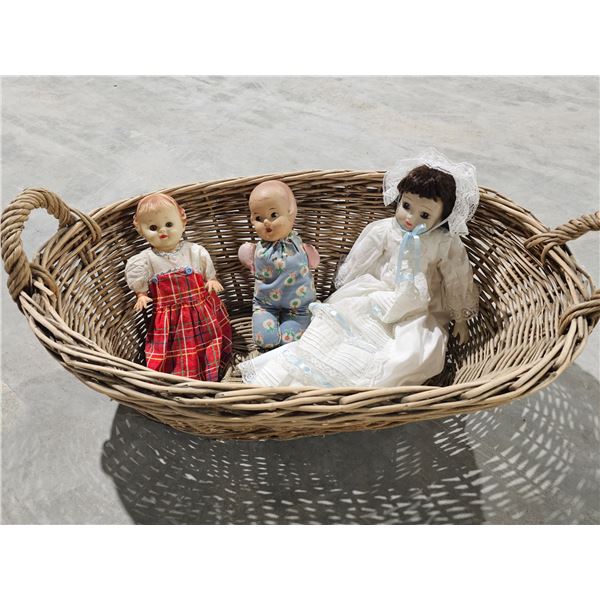 (3) Vintage/Antique Dolls in Basket, inc. (1) w/ Porcelain Head and Limbs.