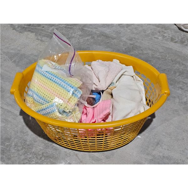 Lot of Misc. Hand Embroidered Baby Linin, Basket, (2) Vintage Glass Chimneys etc.