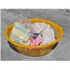 Image 1 : Lot of Misc. Hand Embroidered Baby Linin, Basket, (2) Vintage Glass Chimneys etc.