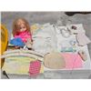 Image 2 : Lot of Misc. Hand Embroidered Baby Linin, Basket, (2) Vintage Glass Chimneys etc.
