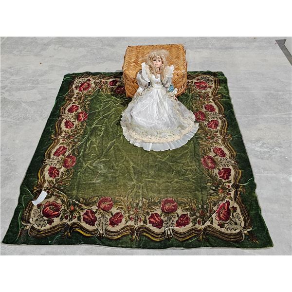 Vintage Rug, Basket, Collector’s Porcelain Doll