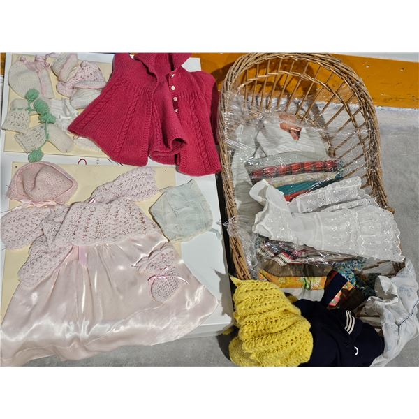 Vintage Basket Bassinet, Doll, Assorted Baby Clothes