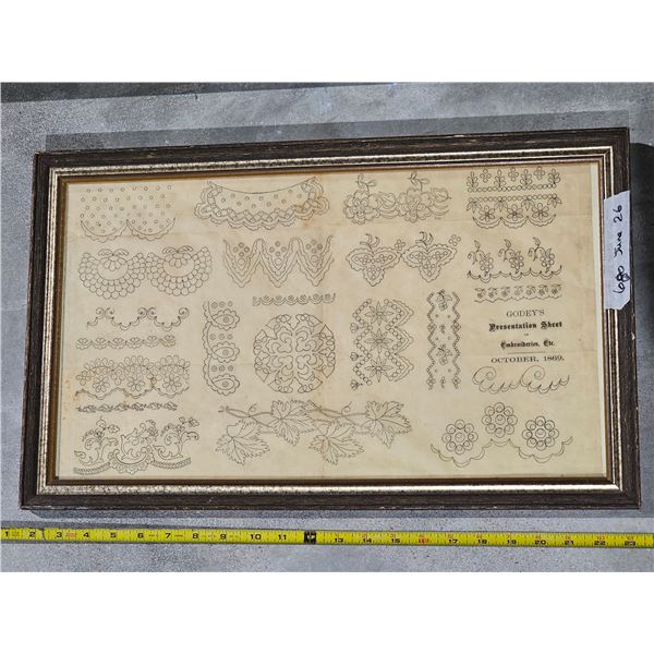 Antique 1869 Godey's Presentation Sheet Framed Embroidery Patterns