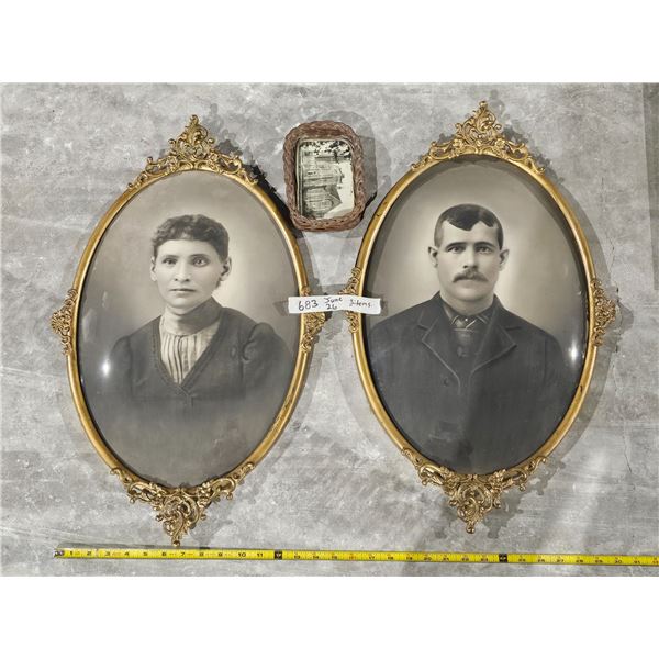 (2) Antique Bubble Glass Portraits, Wicker Souvenir Photo Tray (RPPC Saskatoon Methodist Church)