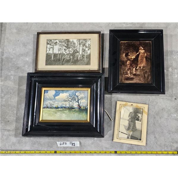 Vintage Mixed Art Lot - Saskatchewan Cowboy, Landscape, Victorian Print, Old Portrait