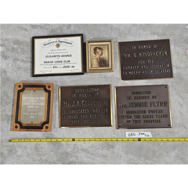 Wall Plaques, Vintage "Charlotte" Framed Print, etc.