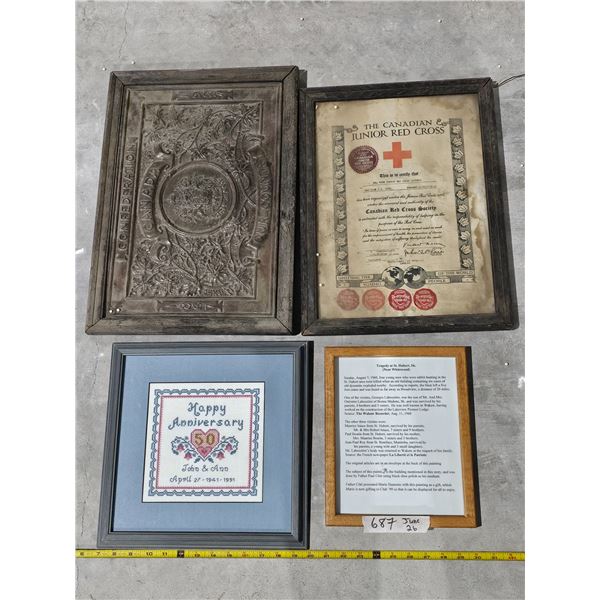 Misc. Vintage Framed Lot, Red Cross Certificate, 1927 Confederation Anniversary Plaque, etc.