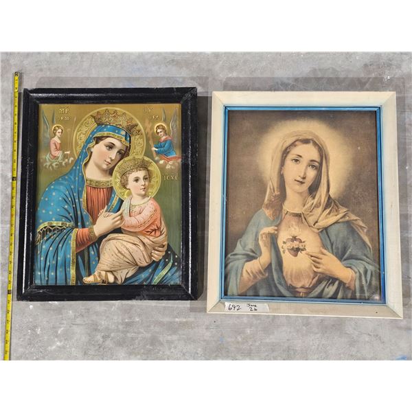 Antique/Vintage Madonna & Child Icon Print & Sacred Heart of Mary