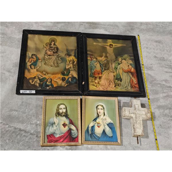 Antique Catholic Print Lot (Sacred Heart Jesus & Mary, Crucifixion, etc.), Cemetery Cross