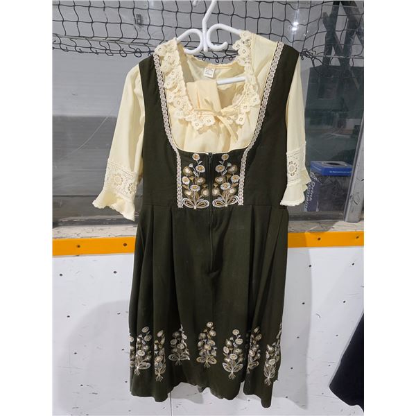 Vintage Embroidered German Dirndl Dress & Lace Blouse