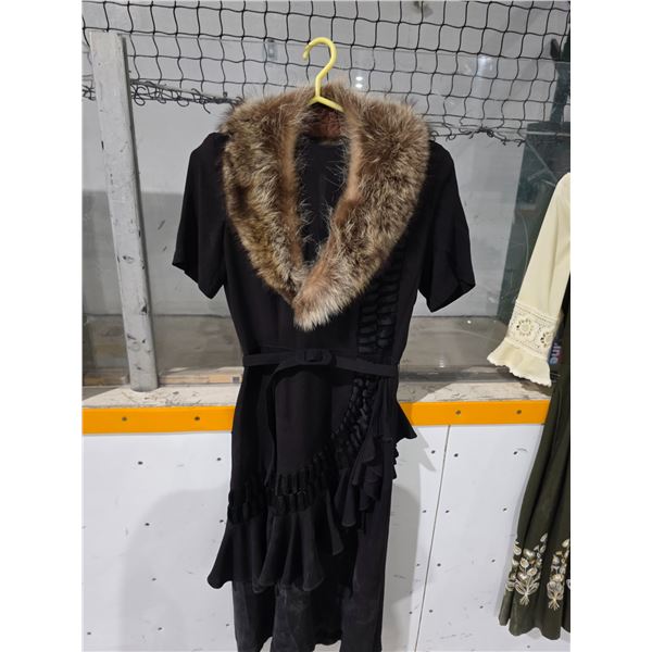 Vintage Black Crepe Dress w/ Fox Fur (?) Trim, 45” Length