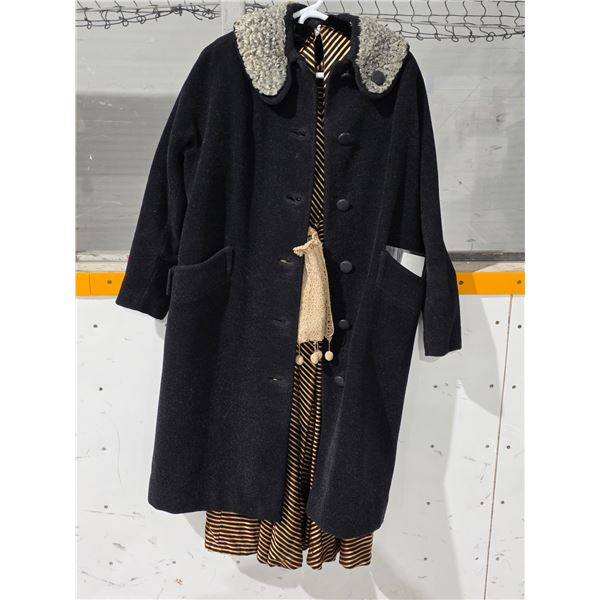 Vintage Black Wool Winter Ladies Overcoat, 50” Length