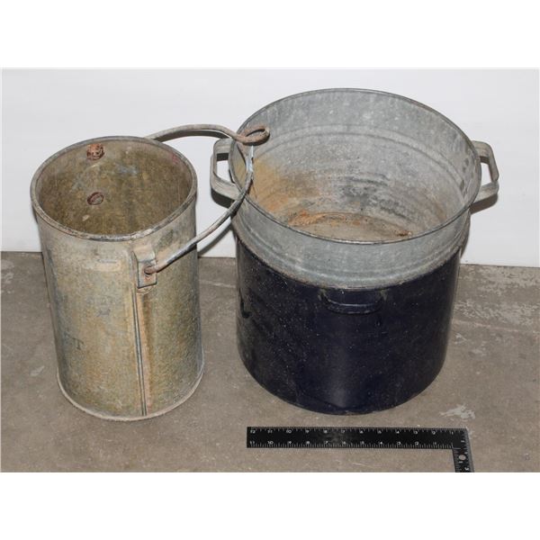 TWO GALVANIZED BUCKETS AND A POT