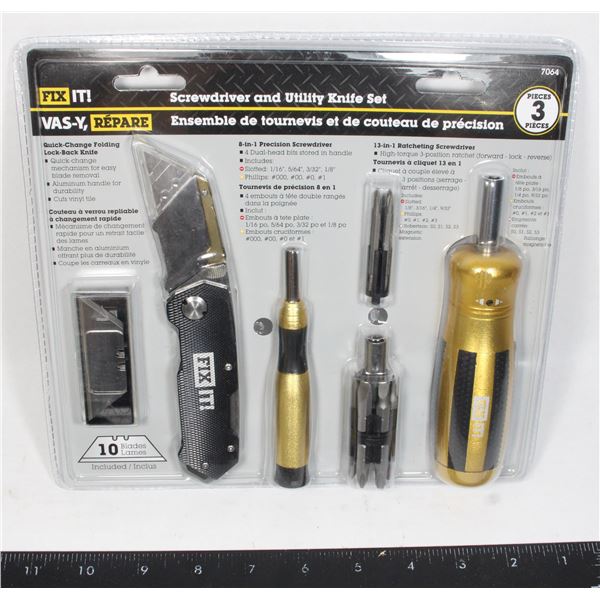 NEW FIXIT! SCREWDRIVER AND UTILITY KNIFE SET 3PCS
