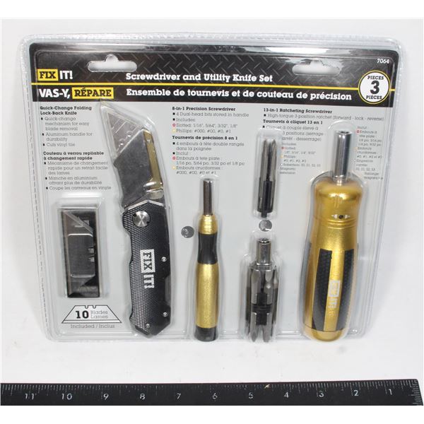 NEW FIXIT! SCREWDRIVER AND UTILITY KNIFE SET 3PCS
