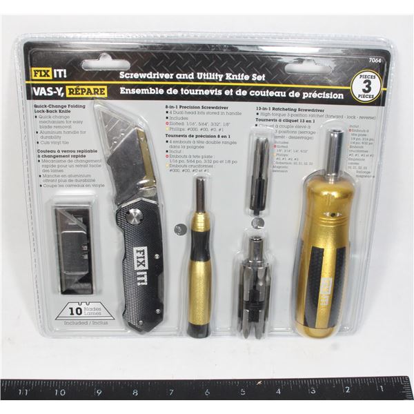 NEW FIXIT! SCREWDRIVER AND UTILITY KNIFE SET 3PCS