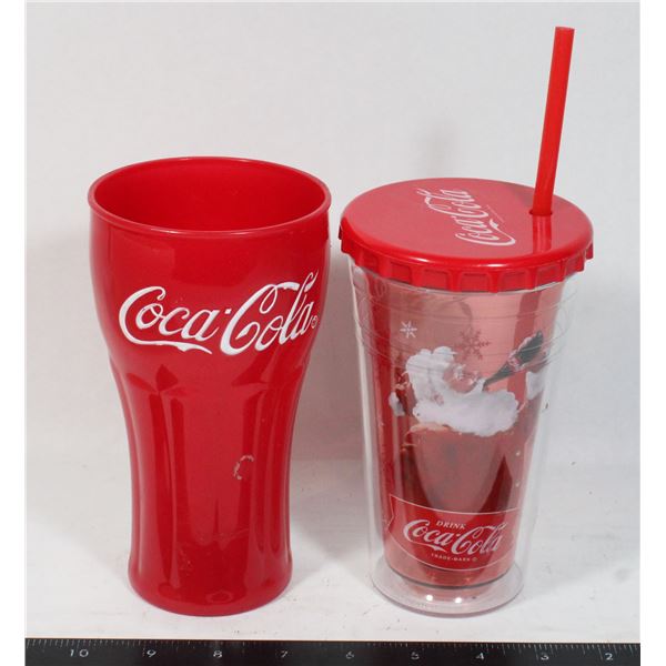 COKE TRAVEL CONTAINER AND PLASTIC COKE GLASS