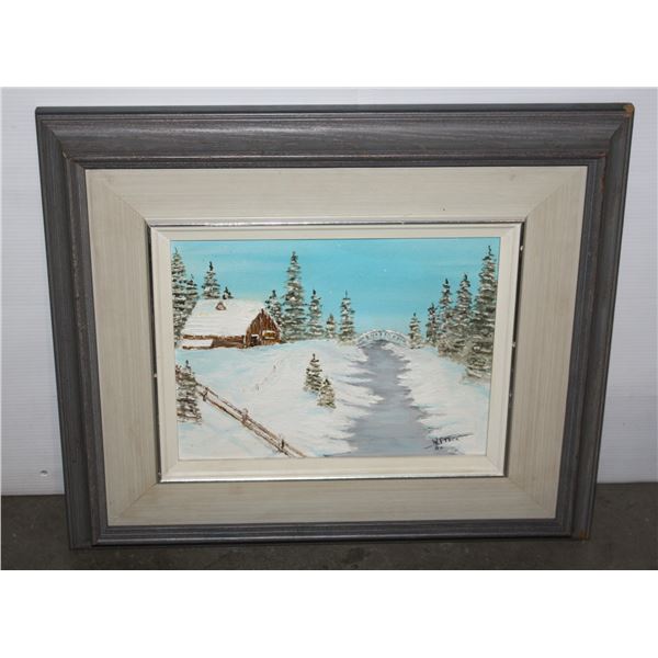 WINTER CABIN PAINTING SIGNED FRAME SIZE:15"X17"