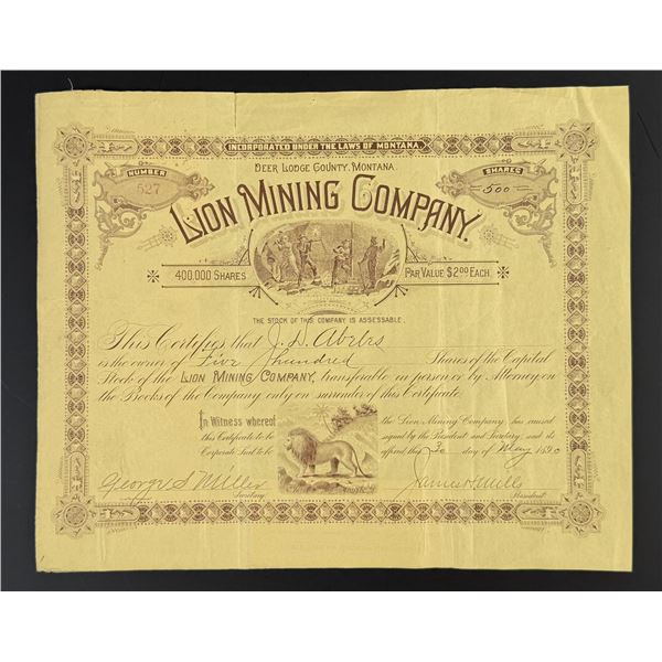 Lion Mining Company Montana Stock Certificate