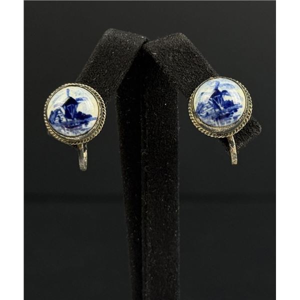 Delft Dutch .835 Silver Porcelain Earrings