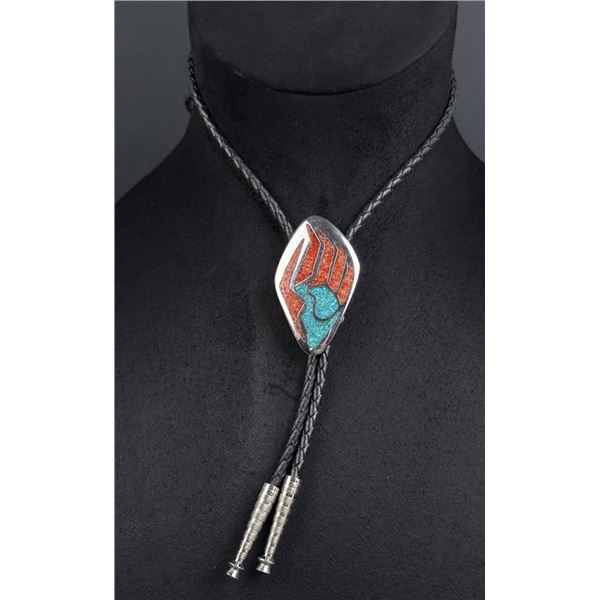 Navajo Bear Paw Chip Inlay Bolo Tie