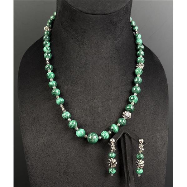 Sterling Silver Malachite Bead Necklace Earrings