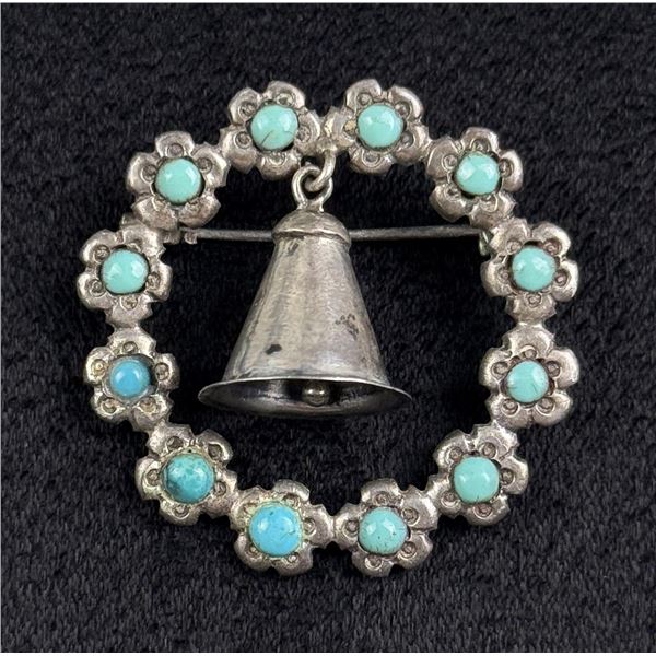 Zuni Sterling Silver Turquoise Mission Bell Brooch