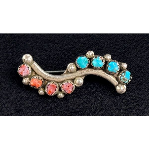 Zuni Sterling Silver Turquoise Coral Brooch