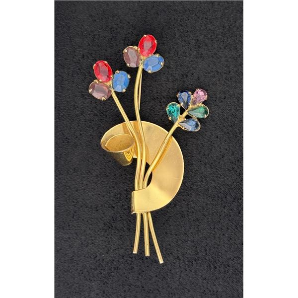 Coro Stering Silver Rhinestone Flower Brooch