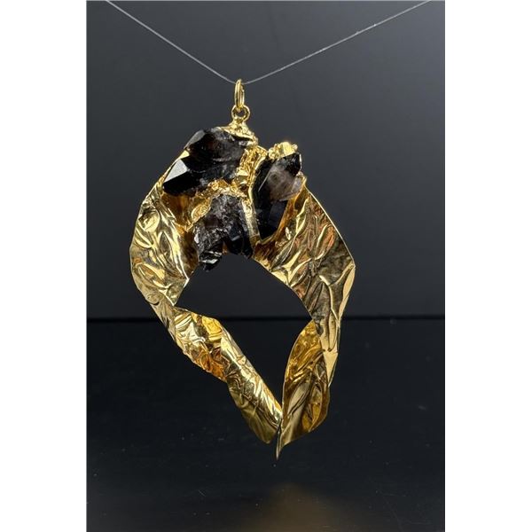 Signed Brutalist Brass Smoky Quartz Pendant