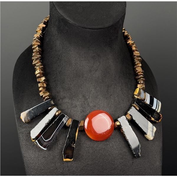Banded Black Agate Carnelian Necklace