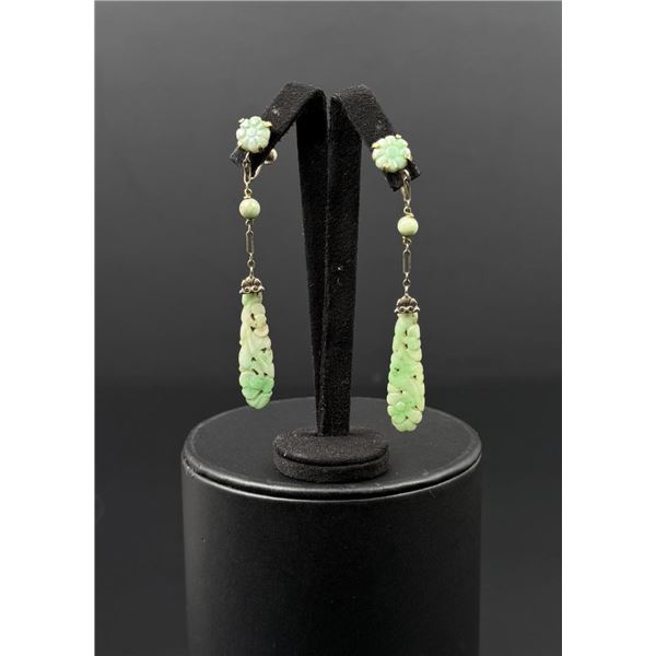 Chinese Sterling Silver Carved Jade Earrings
