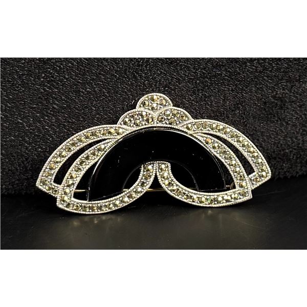 Sterling Silver Onyx Marcasite Brooch