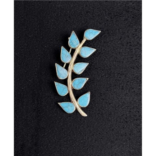 Taxco Mexico Sterling Silver Turquoise Leaf Brooch