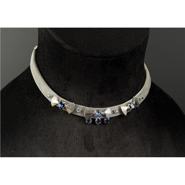 Leo Glass Blue Rhinestone Mesh Choker Necklace