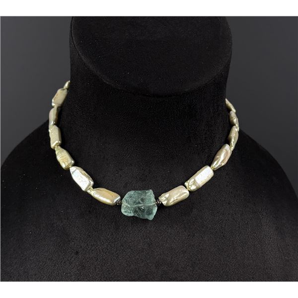 Sterling Keshi Pearl and Aquamarine Necklace
