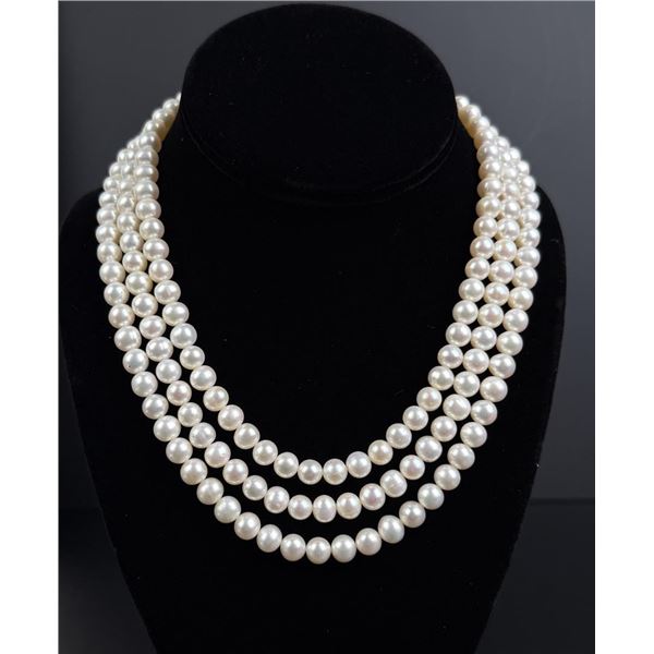 14K Gold Triple Strand Cultured Pearl Necklace