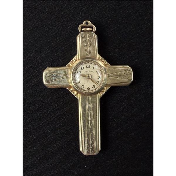 10k Rolled Gold Crescent Cross Pendant Watch