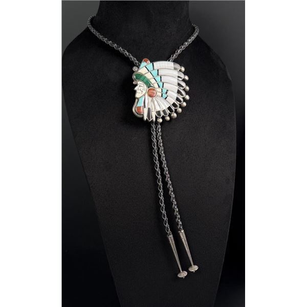 Ralph Quam Zuni Inlaid Sterling Bolo Tie