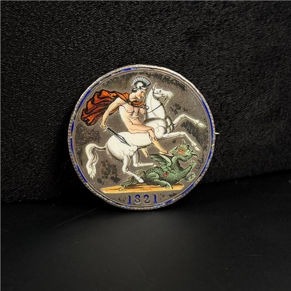 Sterling Silver Enamel Saint George Coin Brooch