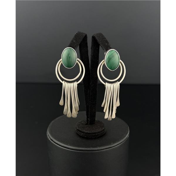 Taxco Sterling Silver Malachite Spoon Earrings