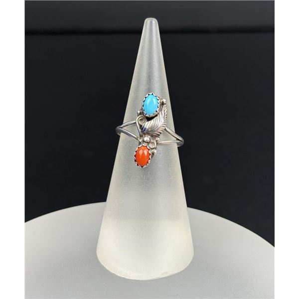 Navajo Sterling Silver Turquoise Coral Ring