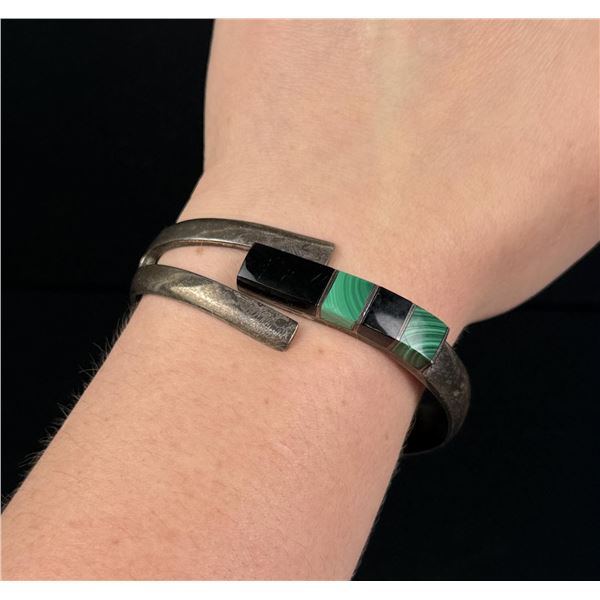 Signed Taxco Mexico Sterling Malachite Bracelet