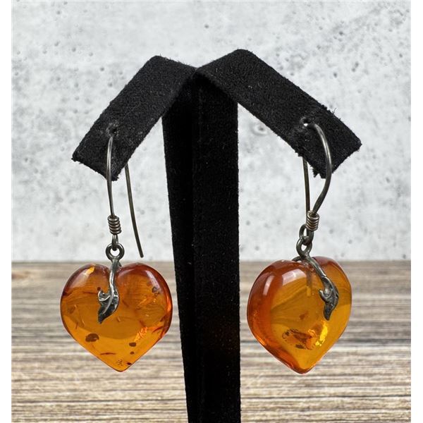 Baltic Amber Carved Heart Earrings