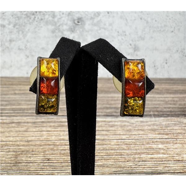 Sterling Silver Baltic Amber Panel Earrings